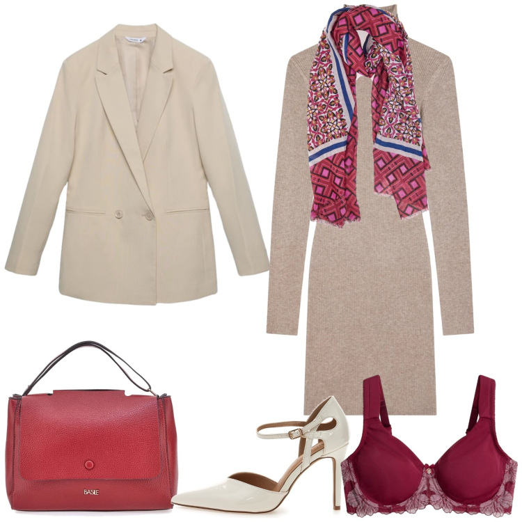 Outfit donna - Total look #2488512. Stile Chic per Ufficio. Abbinamento con reggiseni, vestiti corti, blazer, foulard, borse a tracolla, décolleté.