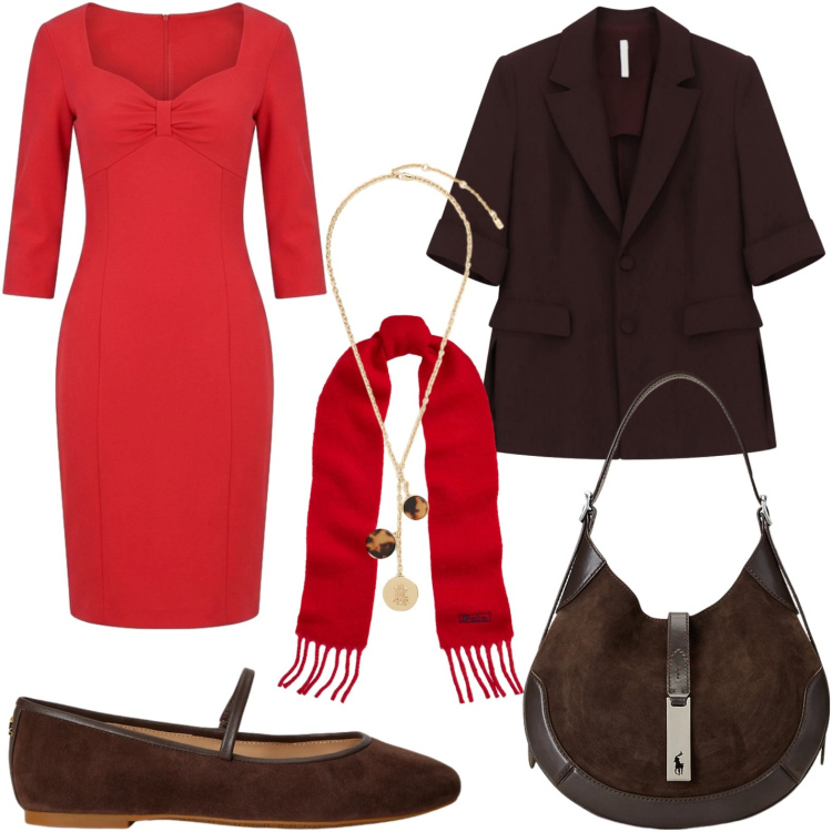 Outfit donna - Rosso e marrone. Stile Minimal per Ufficio. Abbinamento con blazer, borse a spalla, collane, ballerine, sciarpe, vestiti midi/longuette.