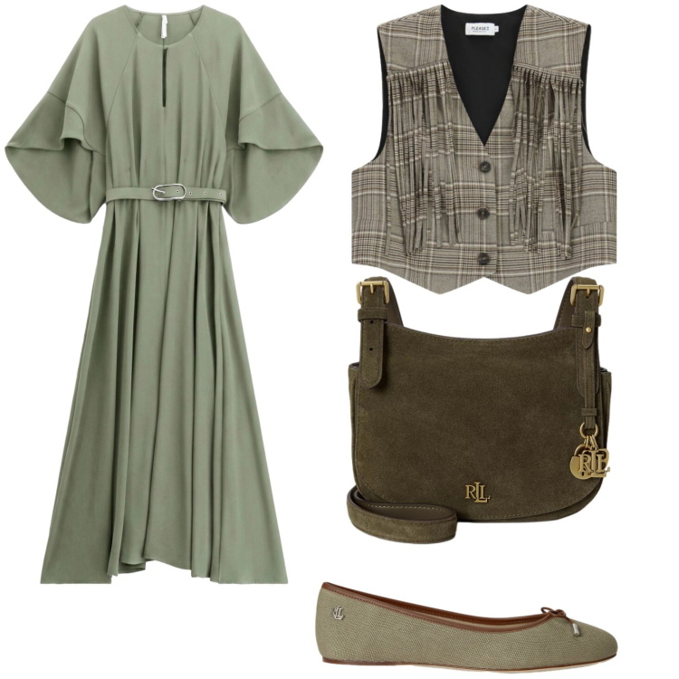 Outfit donna - Gilet con frange. Stile Casual per Tutti i giorni. Abbinamento con vestiti lunghi, ballerine, borse a tracolla, gilet.
