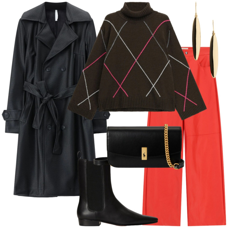 Outfit donna - Trench. Stile Casual per Tutti i giorni. Abbinamento con trench, pullovers, clutch, orecchini, stivaletti chelsea, pantaloni.