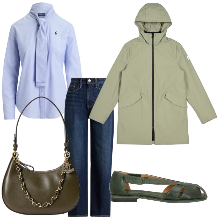 Outfit donna - Camicia con cravatta. Stile Glamour per Tutti i giorni. Abbinamento con borse a spalla, camicie, jeans dritti, blazer, ballerine.