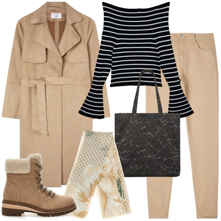 Outfit donna - Trench. Stile Casual per Tutti i giorni. Abbinamento con maglieria, trench, shopping bag, pantaloni skinny, anfibi, foulard.