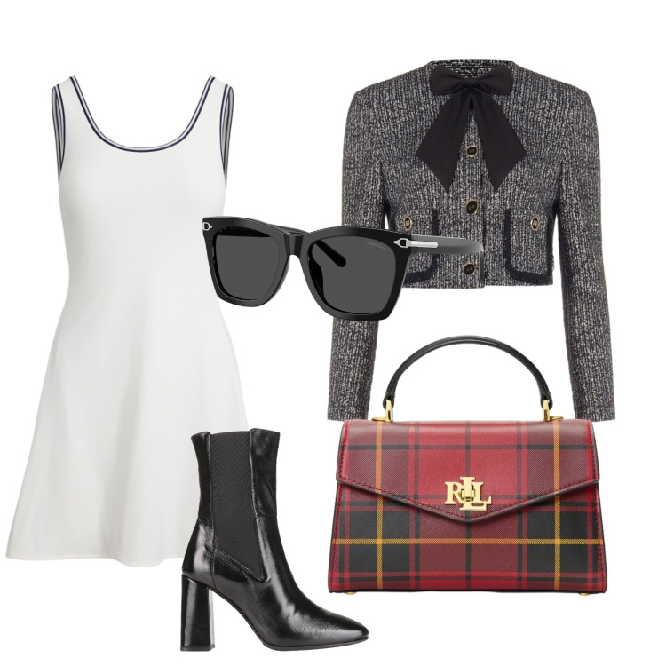Outfit donna - Stile parisienne. Stile Casual per Ufficio. Abbinamento con occhiali da sole, vestiti corti, borse a mano, blazer, stivaletti chelsea.