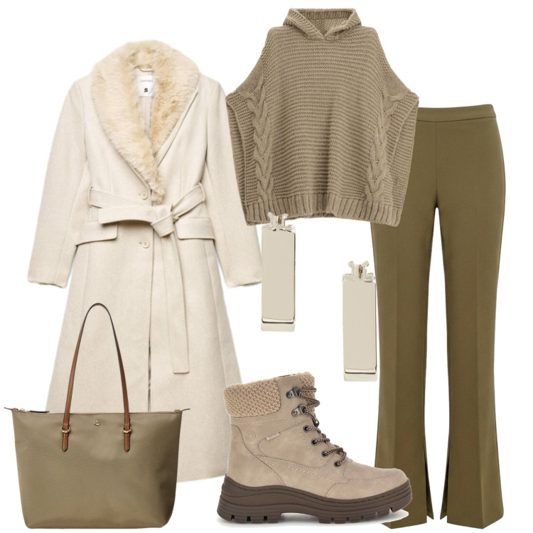 Outfit donna - Total look #2488528. Stile Casual per Tutti i giorni. Abbinamento con borse tote, orecchini, maglieria, pantaloni, cappotti, stivaletti.