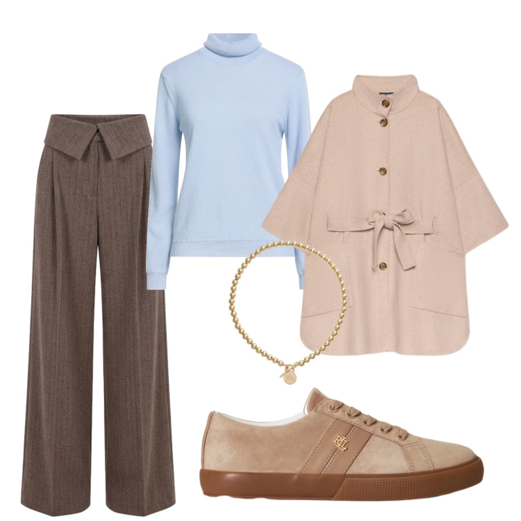 Outfit donna - Oggi corso di aggiornamento. Stile Sporty chic per Ufficio. Abbinamento con cappotti, collane, sneakers, pantaloni a palazzo, maglieria.