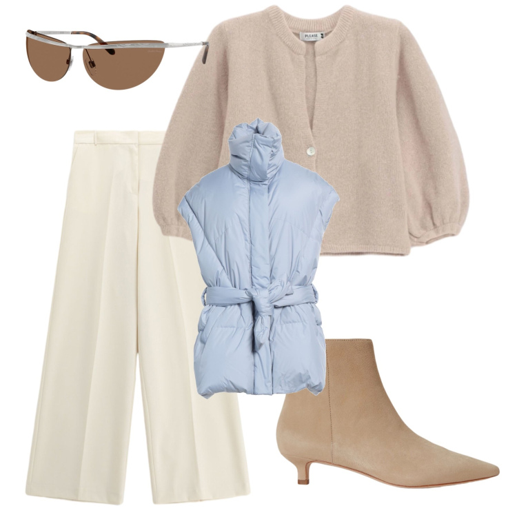 Outfit donna - Week end al lago. Stile Chic per Serata fuori. Abbinamento con pantaloni a palazzo, stivaletti, occhiali da sole, cardigans, cinture.