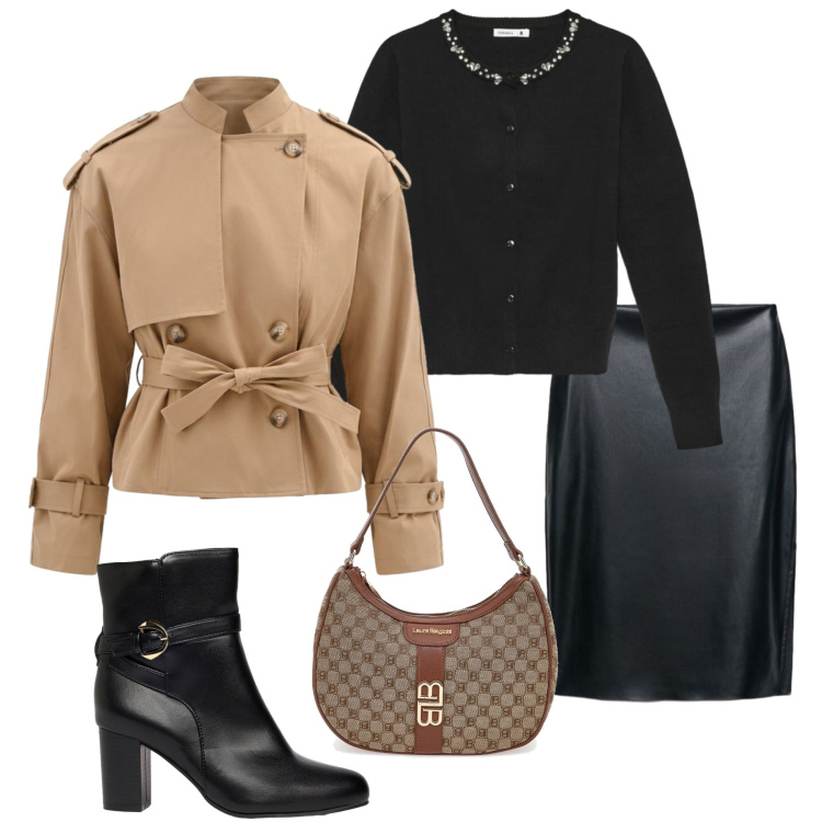Outfit donna - In città. Stile Urban per Ufficio. Abbinamento con trench, cardigans, gonne longuette, borse a spalla, stivaletti.