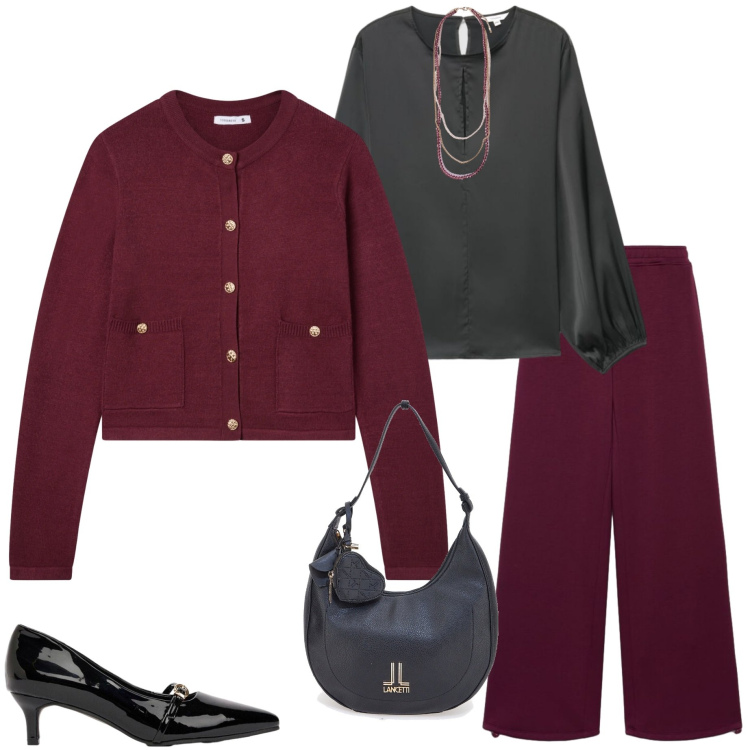 Outfit donna - Serata fuori. Stile Casual chic per Serata fuori. Abbinamento con collane, cardigans, pantaloni, bluse, borse a spalla, décolleté.