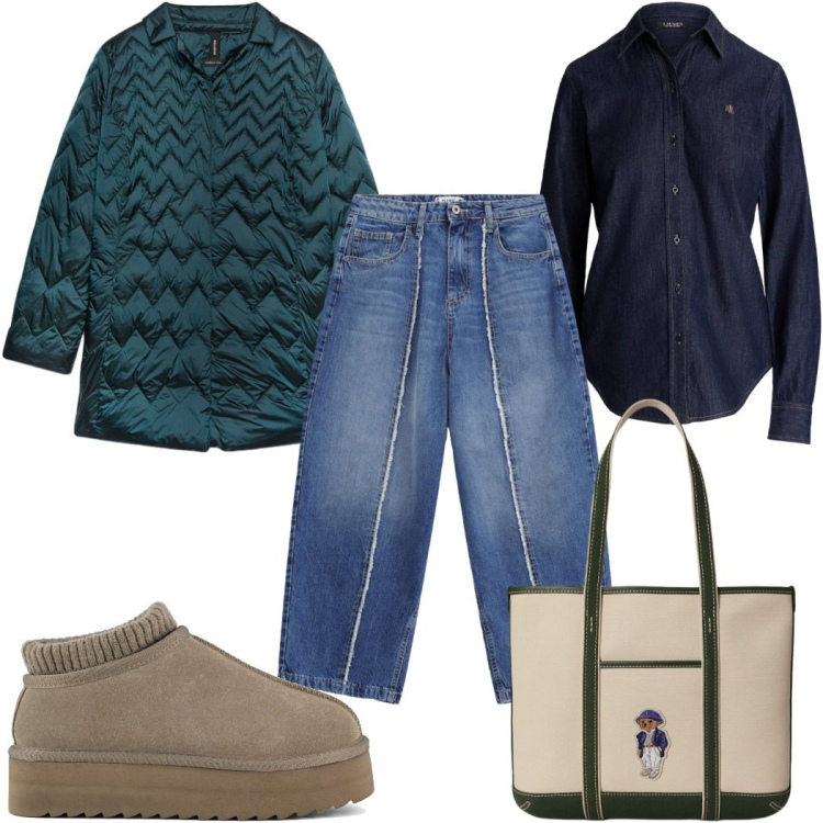 Outfit donna - Total look #2488593. Stile Casual per Tutti i giorni. Abbinamento con piumini, borse tote, camicie, jeans dritti, sabot.