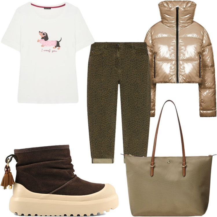 Outfit donna - Total look #2488594. Stile Trendy per Tutti i giorni. Abbinamento con t-shirt, jeans, borse tote, piumini, stivali.