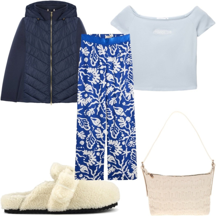 Outfit donna - Total look #2488595. Stile Trendy per Tutti i giorni. Abbinamento con piumini, t-shirt, pantaloni, borse a spalla, sabot.