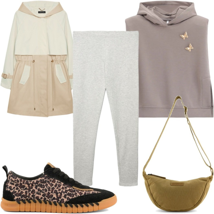 Outfit donna - Total look #2488598. Stile Trendy per Sport. Abbinamento con leggings, felpe con cappuccio, trench, borse a tracolla, sneakers.