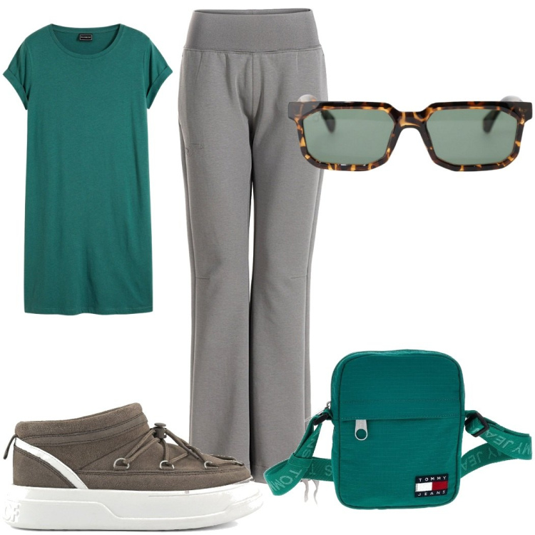 Outfit donna - Total look #2488607. Stile Trendy per Sport. Abbinamento con vestiti, occhiali da sole, pantaloni, stivaletti, borse a spalla.