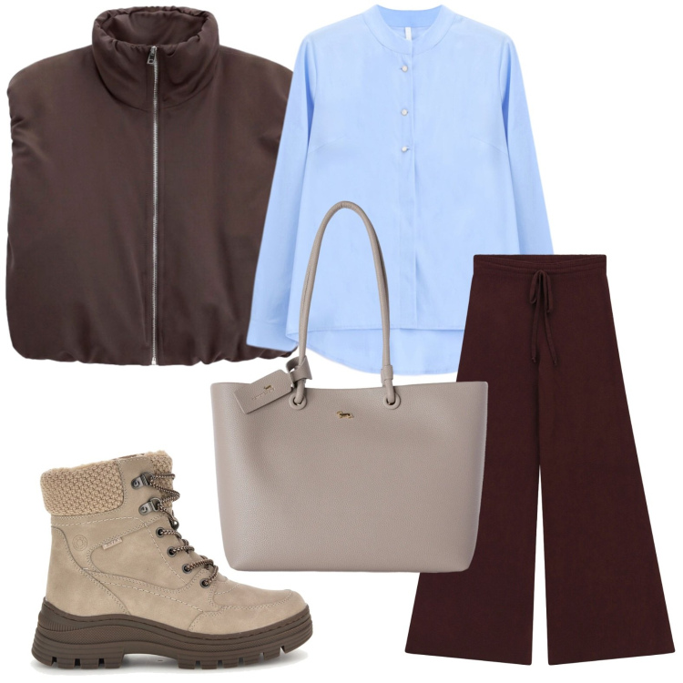 Outfit donna - Smanicato brown. Stile Trendy per Tutti i giorni. Abbinamento con shopping bag, piumini, pantaloni a palazzo, camicie, stivaletti.
