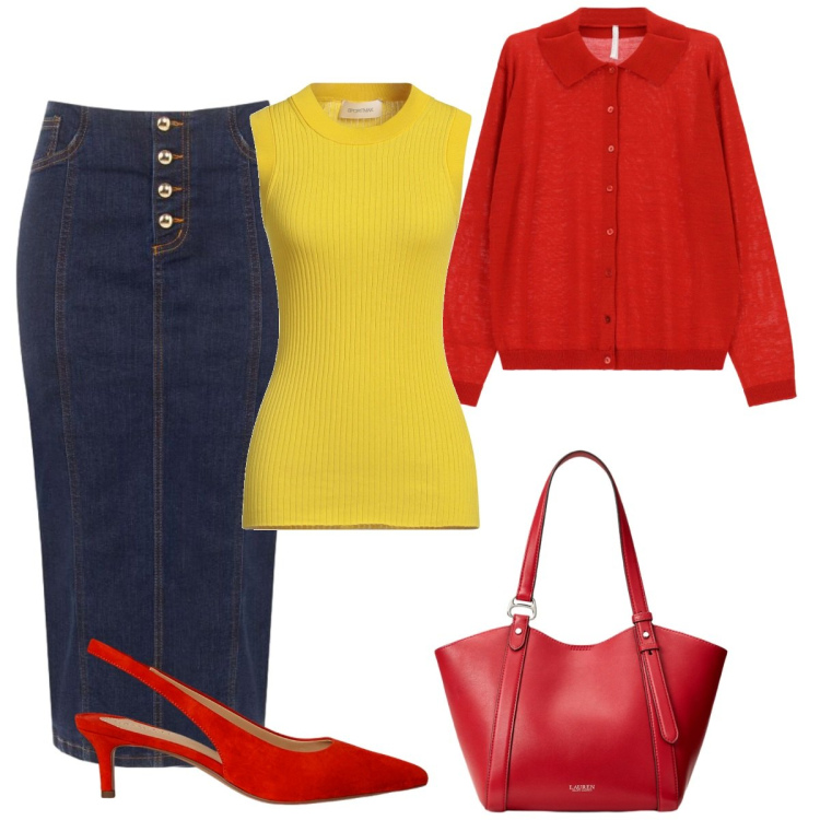 Outfit donna - Giallo/Rosso. Stile Basic per Tutti i giorni. Abbinamento con cardigans, décolleté, borse tote, gonne longuette, pullovers.