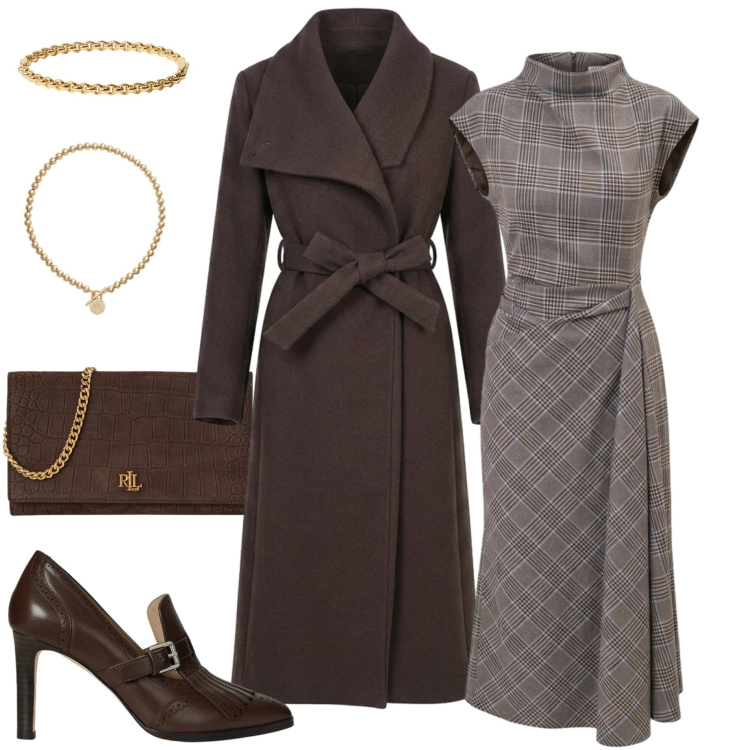 Outfit donna - Cerimonia autunnale. Stile Chic per Cerimonia. Abbinamento con collane, borse a tracolla, braccialetti, décolleté, cappotti, vestiti asimmetrici.