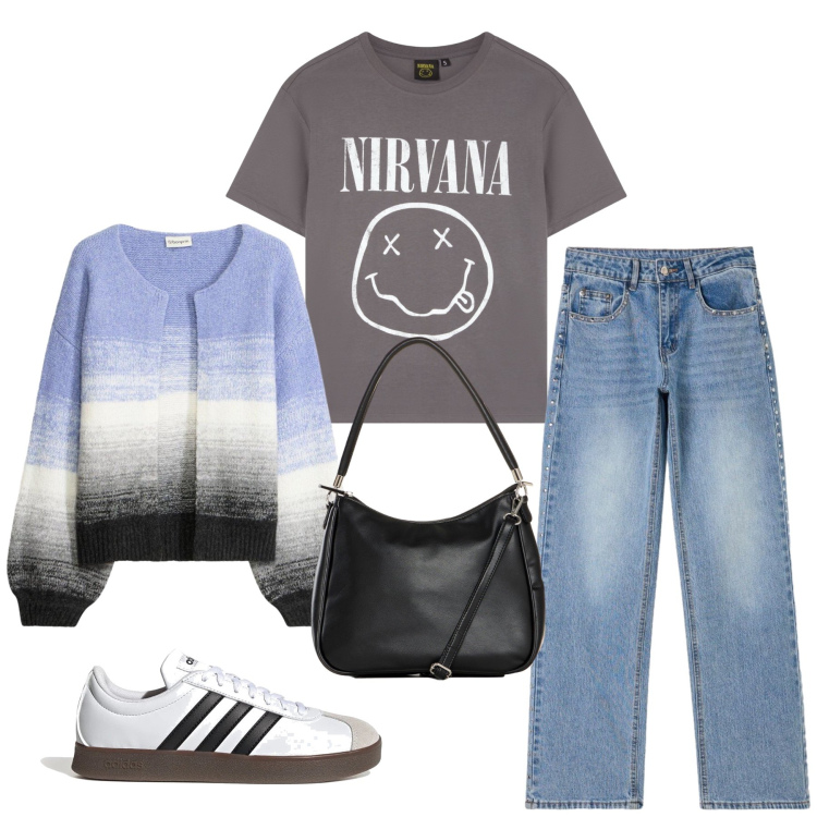 Outfit donna - Nirvana style. per Tutti i giorni. Abbinamento con borse a mano, cardigans, t-shirt, jeans, sneakers.