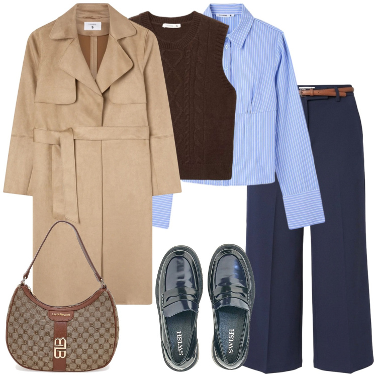 Outfit donna - Mini e maxi. Stile Mannish per Ufficio. Abbinamento con pantaloni, trench, maglieria, camicie, mocassini, borse a spalla.
