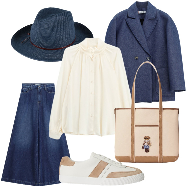 Outfit donna - Cappello blu navy. Stile Bon Ton per Tutti i giorni. Abbinamento con camicie, sneakers, borse tote, jeans, cappotti, cappelli.