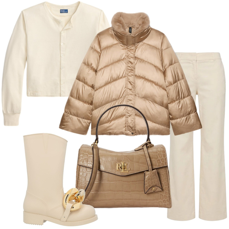 Outfit donna - Piumino con collo peluches. Stile Casual per Tutti i giorni. Abbinamento con pantaloni, piumini, borse a mano, cardigans, stivaletti.