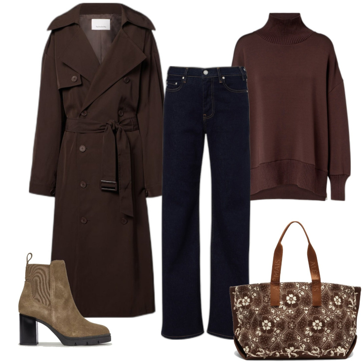 Outfit femme - Trench marron. Style Casual chic pour Tous les jours. Assortir avec bottes, sac cabas, imperméable, pulls, jeans mom.