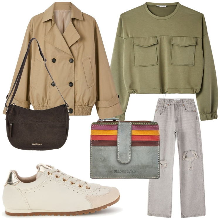 Outfit donna - Trench oversize. Stile Casual per Tutti i giorni. Abbinamento con felpe, jeans strappati, trench, sneakers, portafogli, borse a tracolla.