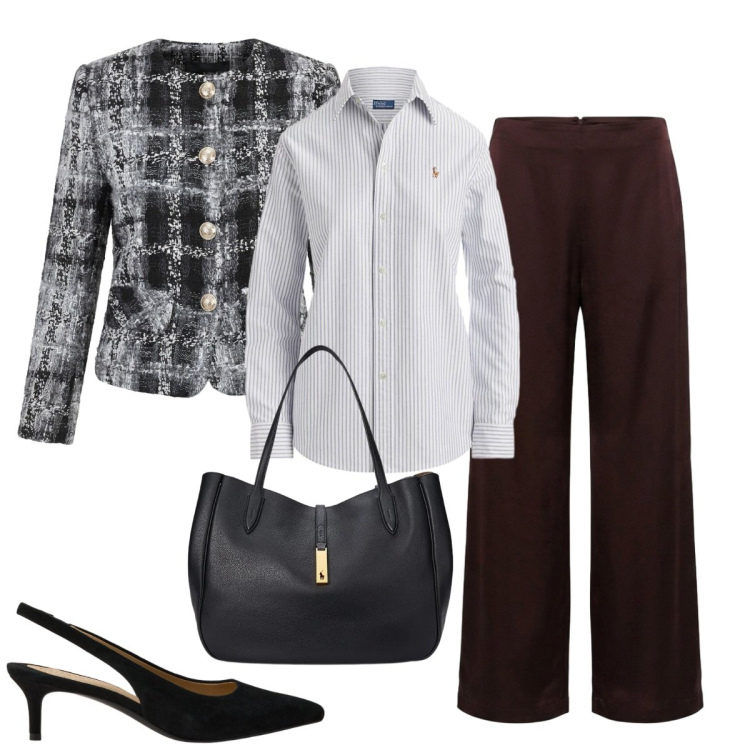 Outfit donna - Ufficio. Stile Basic per Ufficio. Abbinamento con pantaloni a palazzo, camicie, borse tote, décolleté, blazer.