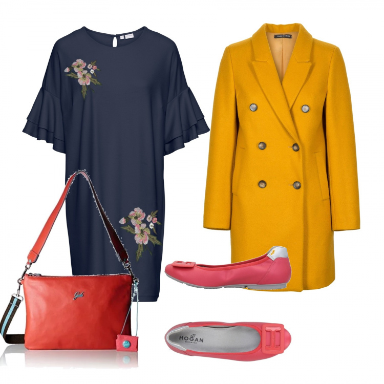 Outfit donna - Bon Ton #3212. Stile Bon Ton per Ufficio. Abbinamento con vestito crêpe, ballerine, borsa a tracolla rosso, cappotto doppiopetto.