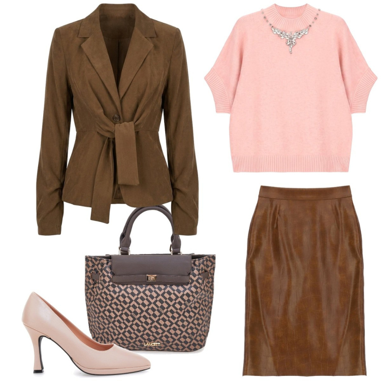 Outfit donna - Total look #2488651. Stile Bon Ton per Tutti i giorni. Abbinamento con maglieria, gonne longuette, blazer, décolleté, borse a mano.
