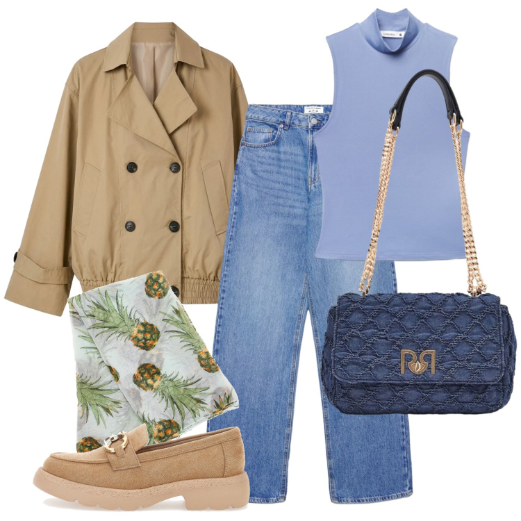 Outfit donna - Ottobre. Stile Casual per Tutti i giorni. Abbinamento con borse a spalla, jeans, trench, top, mocassini, foulard.