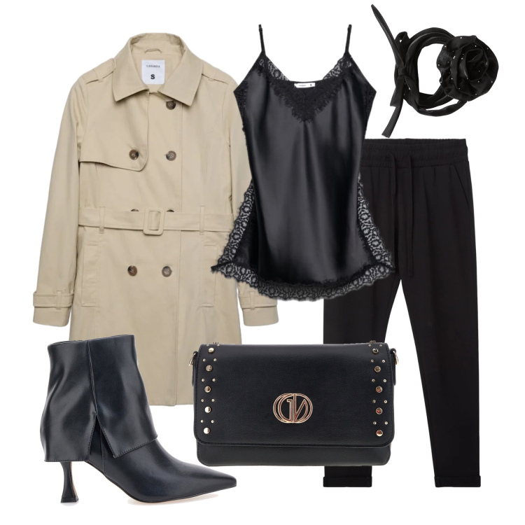 Outfit donna - Ottobre. Stile Chic per Serata fuori. Abbinamento con top, pantaloni, trench, collane, borse a tracolla, stivaletti.