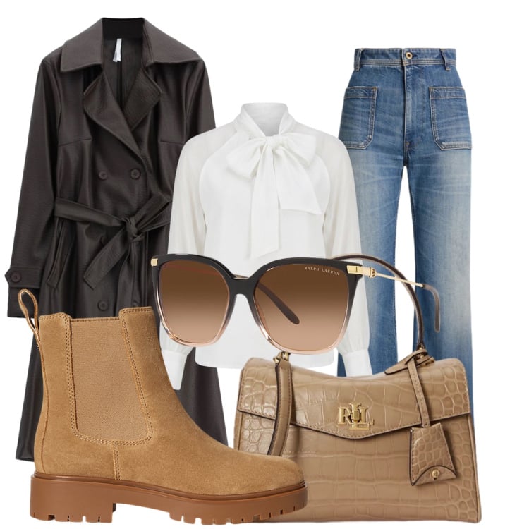 Outfit donna - Trench oversize. Stile Glamour per Tutti i giorni. Abbinamento con trench, stivaletti, occhiali da sole, jeans bootcut, borse a mano, bluse.