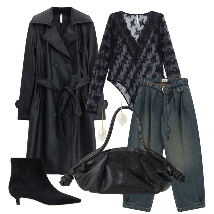 Outfit donna - Ottobre. Stile Casual chic per Serata fuori. Abbinamento con body, trench, orecchini, stivaletti, jeans, borse a mano.