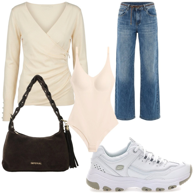 Outfit donna - Gilmore style. Stile Casual per Tutti i giorni. Abbinamento con body, borse a spalla, jeans, t-shirt, sneakers.