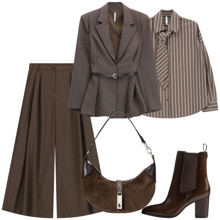 Outfit donna - Monocromo in marrone. Stile Mannish per Ufficio. Abbinamento con camicie, blazer, pantaloni a palazzo, borse a spalla, stivaletti.