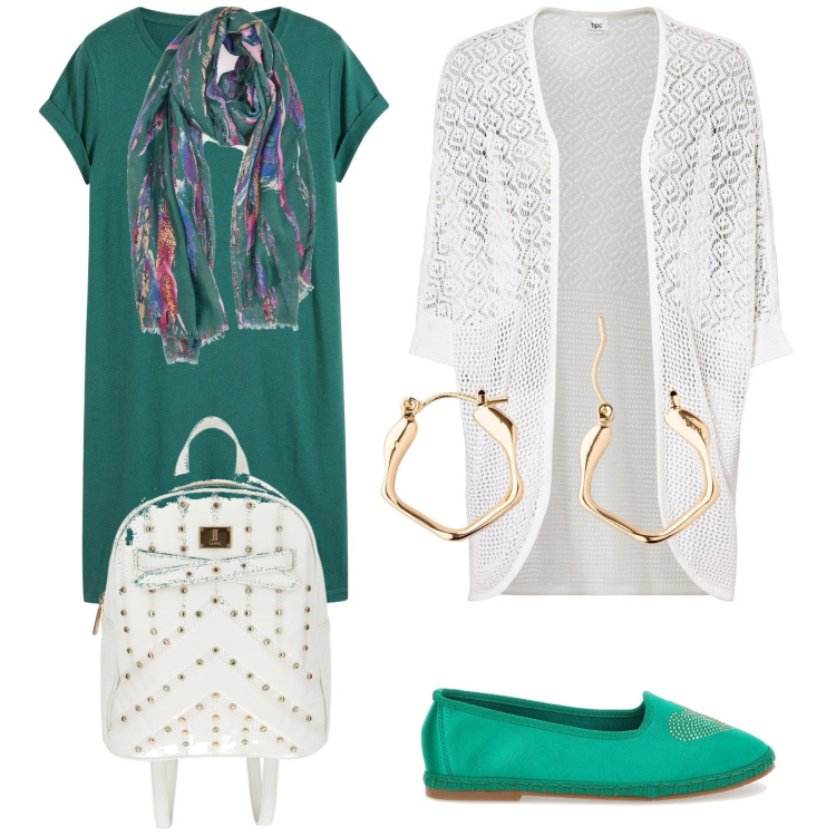 Outfit donna - Ottobrata. Stile Trendy per Tutti i giorni. Abbinamento con cardigans, orecchini, vestiti, foulard, ballerine, zaini.