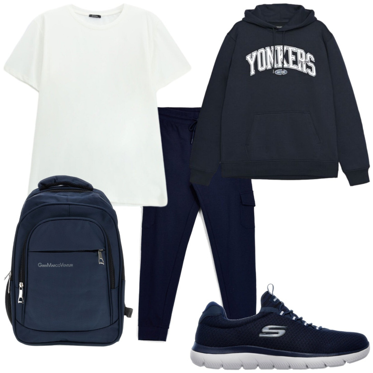 Outfit uomo - Total look #2488666. Stile Casual per Tutti i giorni. Abbinamento con t-shirt, felpe con cappuccio, sneakers, pantaloni cargo, borse sportive.