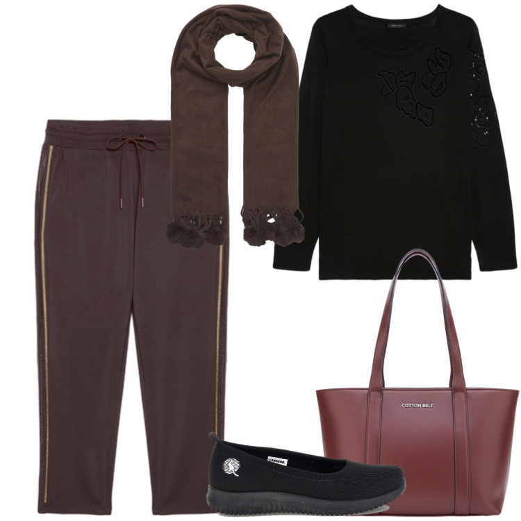 Outfit donna - Total look #2488667. Stile Casual chic per Tutti i giorni. Abbinamento con maglieria, pantaloni, sciarpe, shopping bag, ballerine.