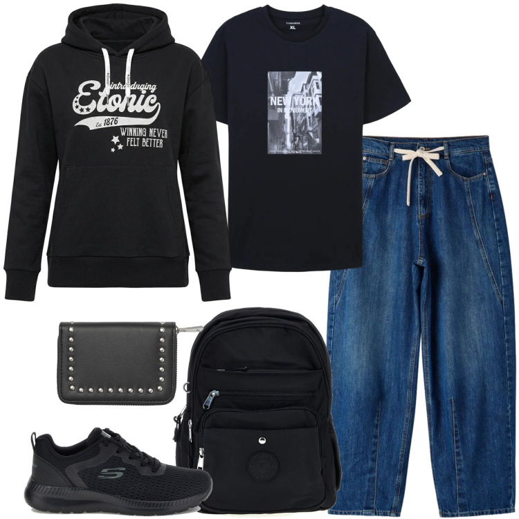 Outfit donna - Total look #2488673. Stile Urban per Tutti i giorni. Abbinamento con jeans, portafogli, t-shirt, felpe con cappuccio, zaini, sneakers.
