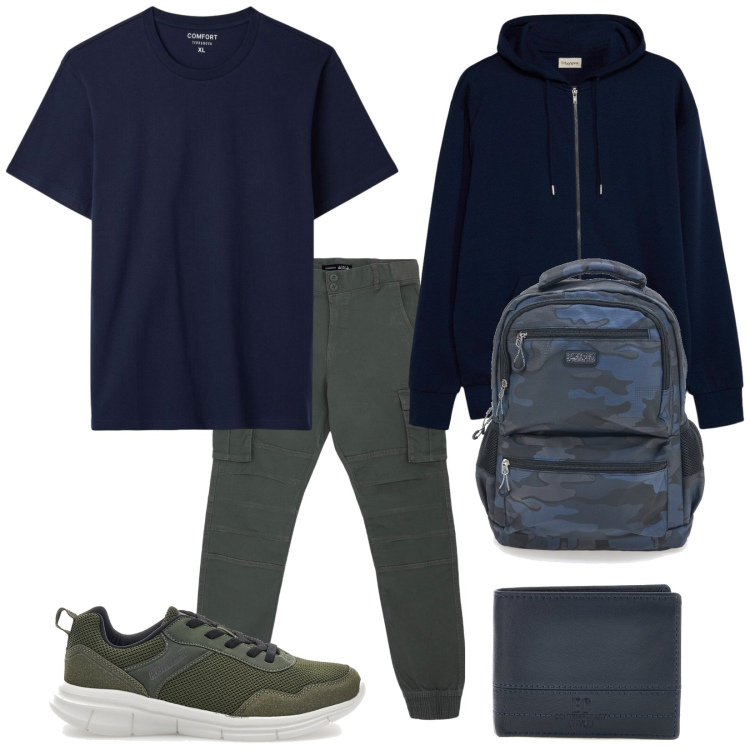 Outfit uomo - Total look #2488675. Stile Urban per Tutti i giorni. Abbinamento con pantaloni cargo, t-shirt, borse sportive, portafogli, sneakers, felpe con cappuccio.