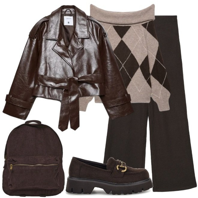 Outfit donna - Ottobre. Stile Urban per Scuola/Università. Abbinamento con maglieria, pantaloni a palazzo, zaini, trench, mocassini.