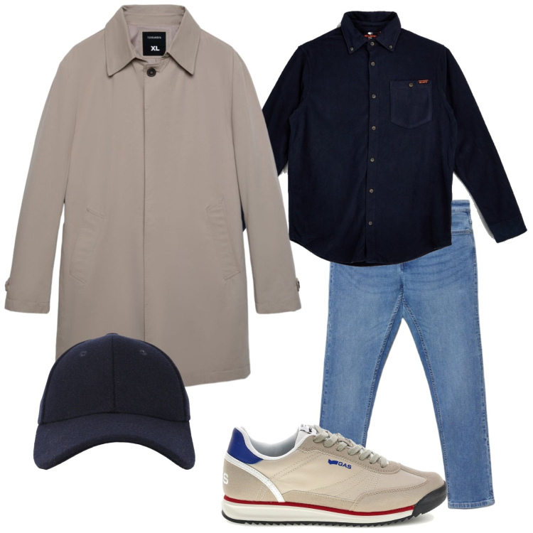 Outfit uomo - Un trench e via. Stile Trendy per Tutti i giorni. Abbinamento con trench, cappelli con visiera, jeans skinny, sneakers, camicie.