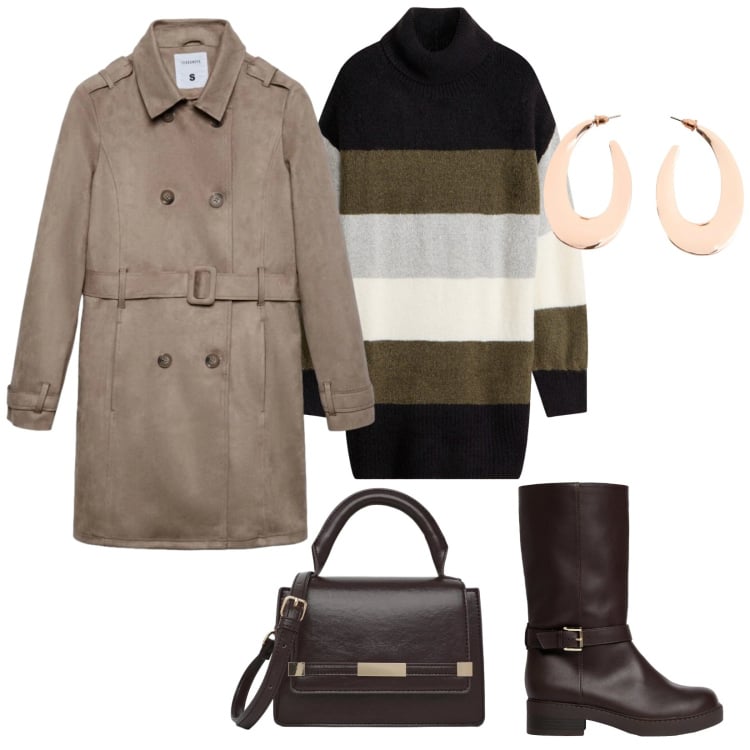 Outfit donna - Vestito comodo. per Tutti i giorni. Abbinamento con trench, borse a tracolla, vestiti midi/longuette, stivali, orecchini.