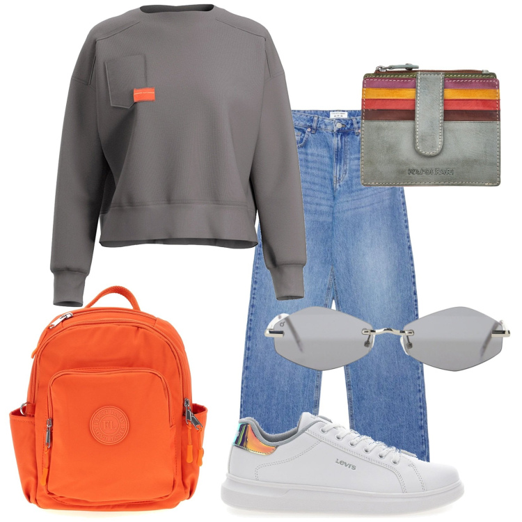 Outfit donna - Total look #2488691. Stile Urban per Scuola/Università. Abbinamento con jeans, occhiali da sole, sneakers, felpe, portafogli, zaini.