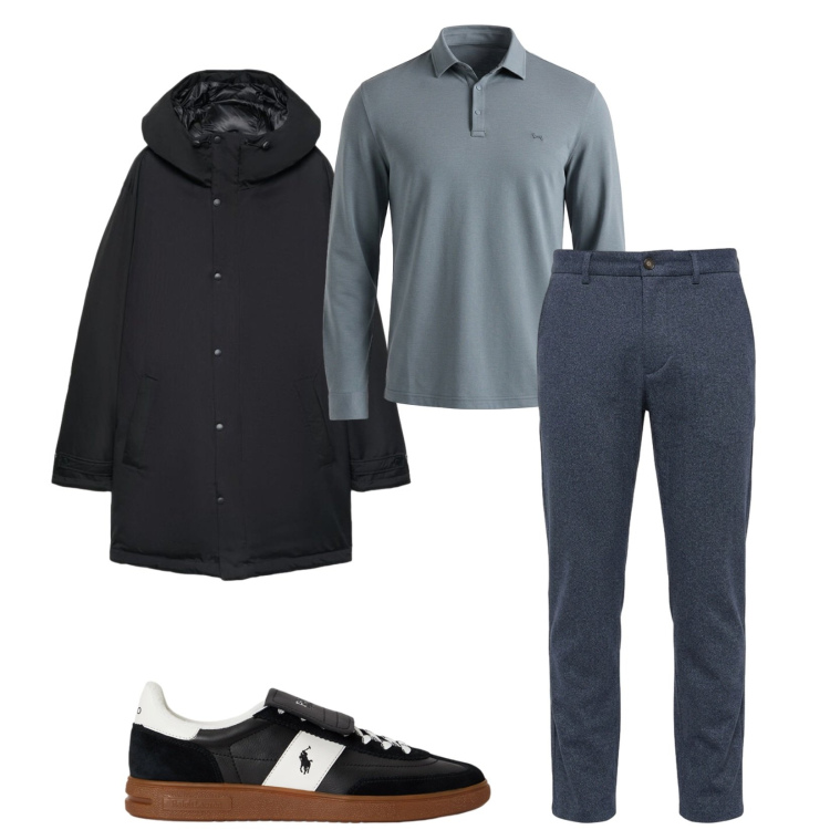 Outfit uomo - Total look #2488693. Stile Trendy per Ufficio. Abbinamento con polo, pantaloni, sneakers, parka.