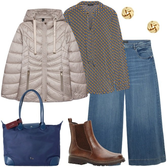 Outfit donna - Giornata frenetica. Stile Casual chic per Tutti i giorni. Abbinamento con shopping bag, jeans, bluse, piumini, orecchini, stivaletti.