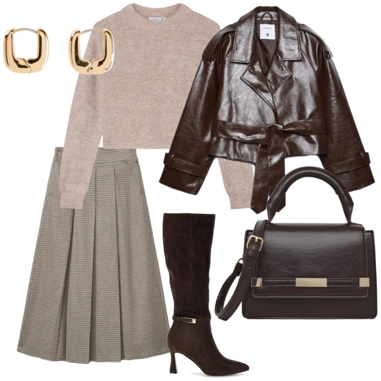 Outfit donna - Il trench di stagione. per Ufficio. Abbinamento con gonne longuette, maglieria, borse a tracolla, trench, orecchini, stivali.