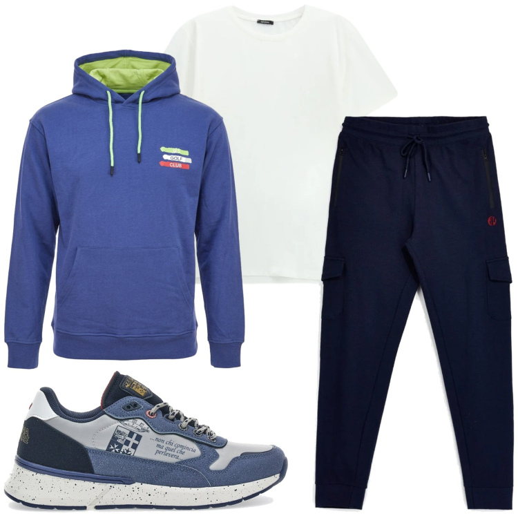 Outfit uomo - Total look #2488703. Stile Trendy per Sport. Abbinamento con t-shirt, sneakers, felpe con cappuccio, pantaloni cargo.