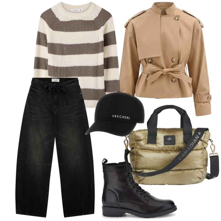 Outfit donna - Urban in trench. per Tutti i giorni. Abbinamento con borse tote, trench, jeans, maglieria, anfibi, cappelli.