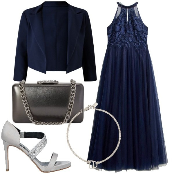 Outfit donna - Cerimonia in autunno. Stile Glamour per Cerimonia. Abbinamento con sandali in pelle, vestiti lunghi, bolero, clutch, braccialetti con ciondoli.